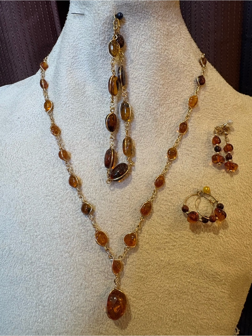 Amber Bead Necklace Set with Matching Bracelet and Earrings